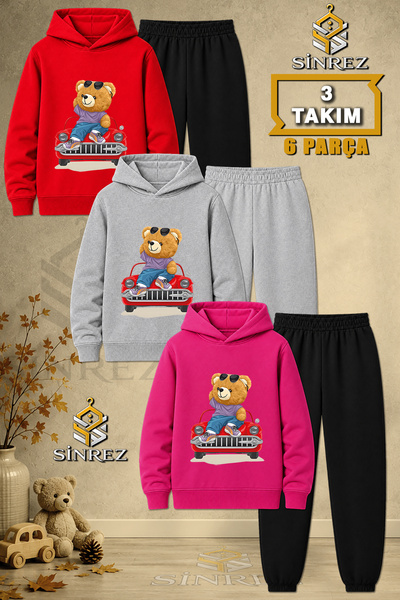 SİNREZ Children's Unisex 3Lu Teddy Bear Printed Hooded Tracksuit Set on Red Car