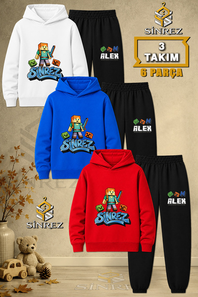 SİNREZ Children's Unisex 3Lu Girls' Aleksa Printed Hooded Tracksuit Set