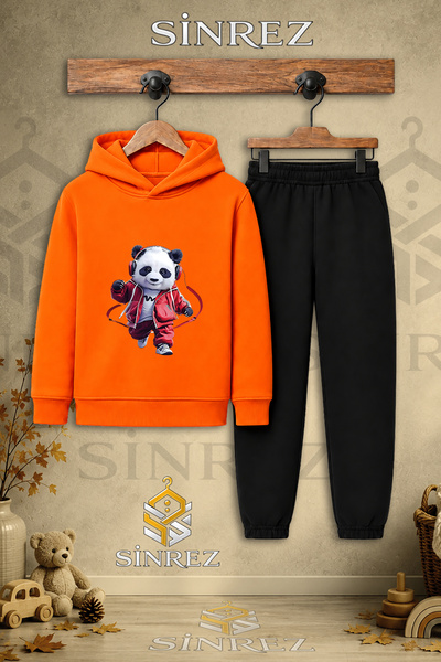 SİNREZ Children's Unisex Single Panda Printed Hooded Tracksuit Set with Red E...