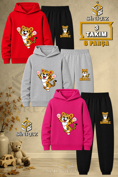 SİNREZ Children's Unisex 3Lu Tiger Paws Air Printed Hooded Tracksuit Set