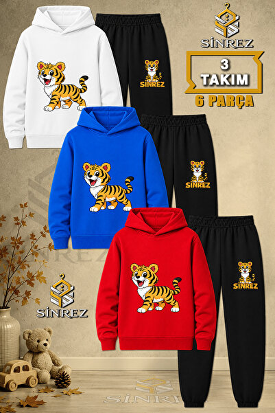SİNREZ Children's Unisex 3Lu Tiger Standing Printed Hooded Tracksuit Set