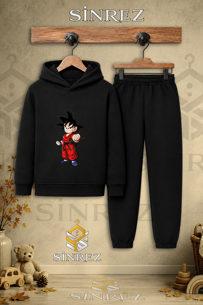 SİNREZ Children's Unisex Single Goku Standing and Punching Printed Hooded Tra...