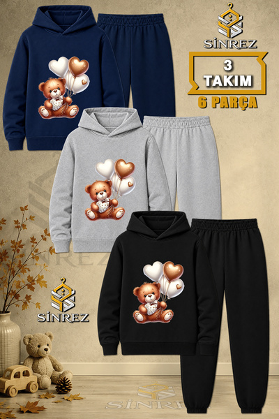 SİNREZ Children's Unisex 3Lu Teddy Bear Heart Balloons Printed Hooded Tracksu...