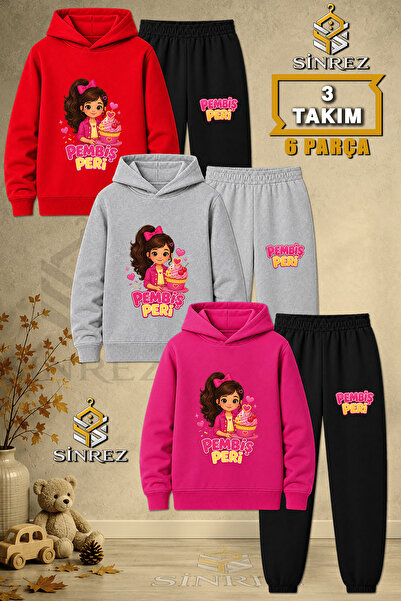SİNREZ Children's Unisex 3Lu Pink Fairy Cake Printed Hooded Tracksuit Set