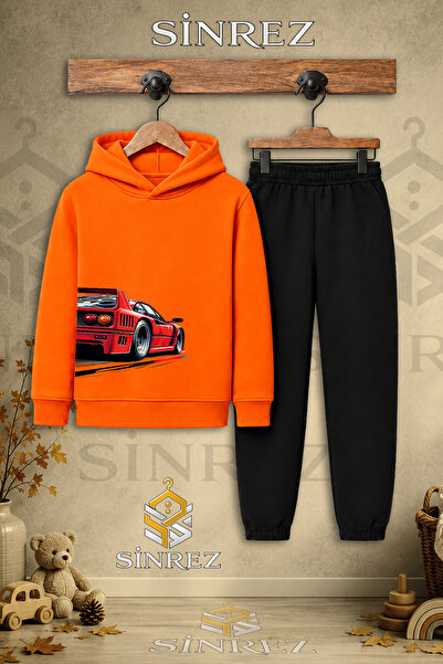 SİNREZ Children's Unisex Single Car Red Hooded Tracksuit Set with Printed Des...