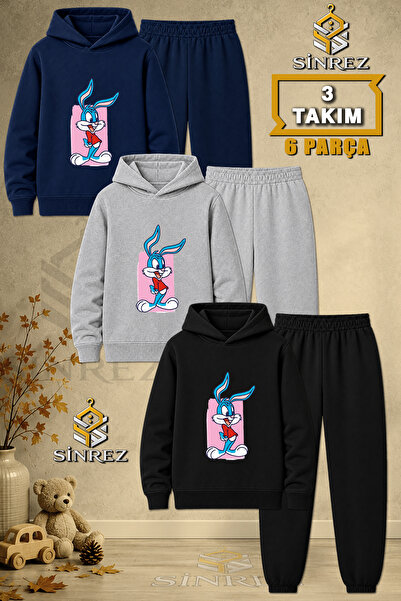 SİNREZ Children's Unisex 3Lu Tavsan Boys Pink Canvas Printed Hooded Tracksuit...