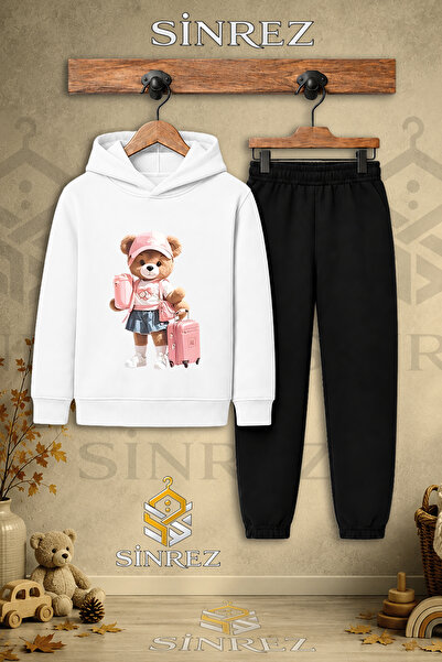 SİNREZ Children's Unisex Single Teddy Bear Printed Hooded Tracksuit Set with ...