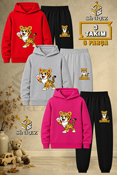 SİNREZ Children's Unisex 3Lu Tiger Single Paw Air Printed Hooded Tracksuit Set