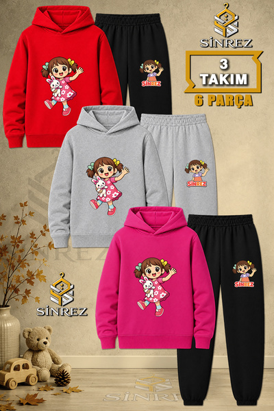 SİNREZ Children's Unisex 3Lu Girls' Toy Printed Hooded Tracksuit Set
