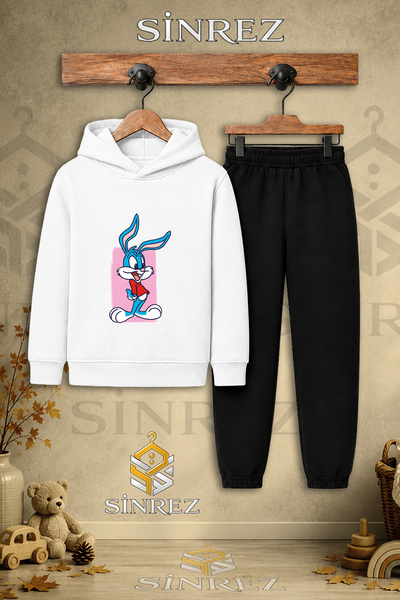 SİNREZ Children's Unisex Single Tavsan Boys Pink Canvas Printed Hooded Tracks...