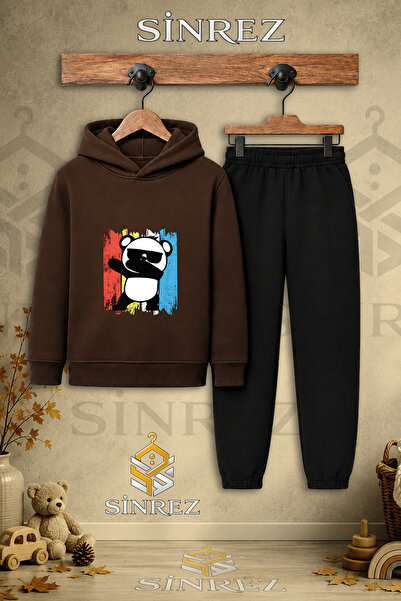 SİNREZ Children's Unisex Single Panda Glasses Hooded Sweatshirt Set with Colo...