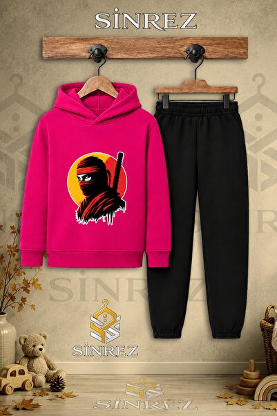 SİNREZ Children's Unisex Single Ninja Masked Head Printed Hooded Tracksuit Set