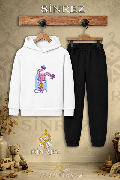 SİNREZ Children's Unisex Single Tavsan Girl's Blue Canvas Printed Hooded Trac...