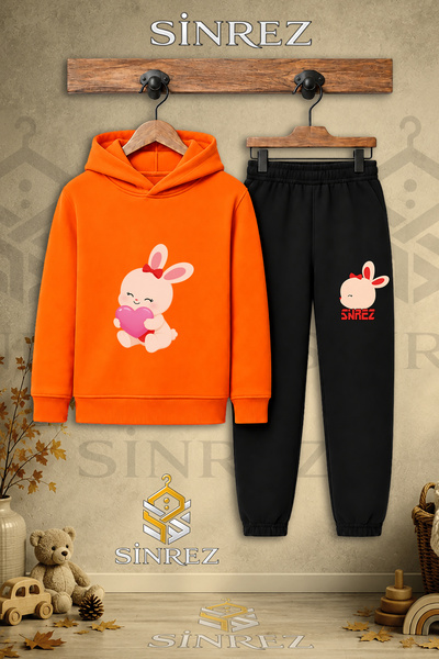 SİNREZ Children's Unisex Single Rabbit in the Lap Pink Heart Printed Hooded T...