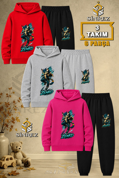 SİNREZ Children's Unisex 3Lu Zenko One Attack Printed Hooded Tracksuit Set