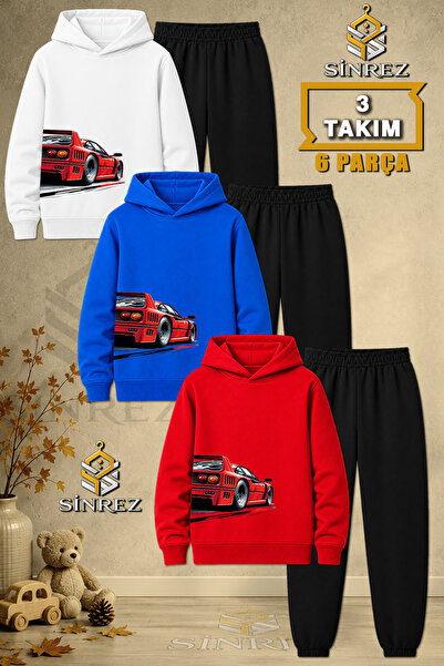 SİNREZ Children's Unisex 3Lu Car Red Printed Hooded Tracksuit Set on the Righ...
