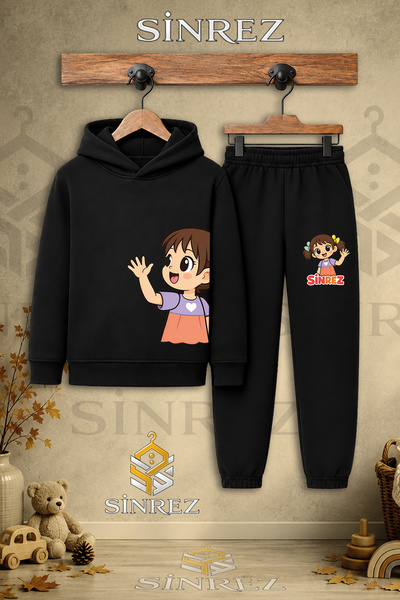 SİNREZ Children's Unisex Single Girl's Left Side Printed Hooded Tracksuit Set