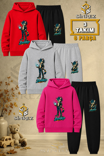 SİNREZ Children's Unisex 3Lu Zenko Elde Kure Printed Hooded Tracksuit Set