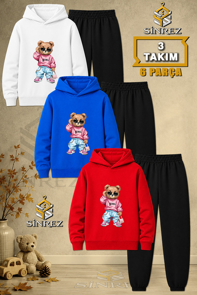 SİNREZ Children's Unisex 3Lu Teddy Bear Pink Sweatshirt Girl Printed Hooded T...