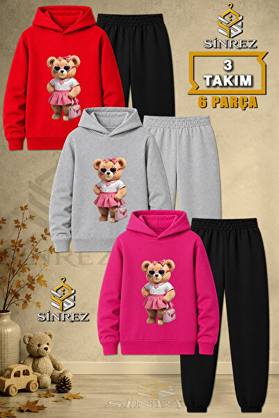 SİNREZ Children's Unisex 3Lu Teddy Bear Pink Cantali Printed Hooded Tracksuit...