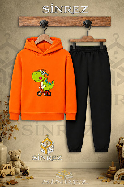 SİNREZ Children's Unisex Single Dino Green Bicycle Printed Hooded Tracksuit Set