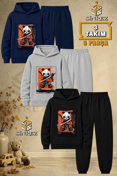 SİNREZ Children's Unisex 3Lu Panda Ninja Printed Hooded Tracksuit Set
