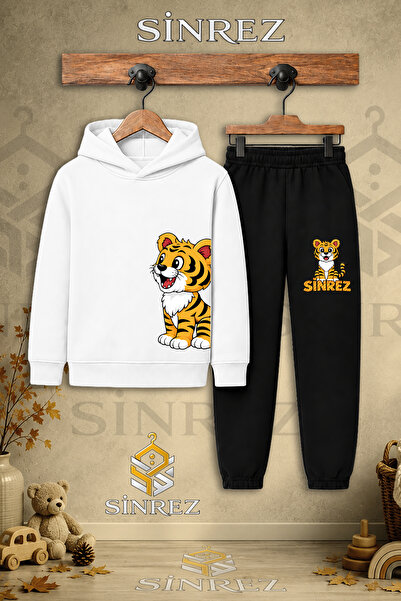 SİNREZ Children's Unisex Single Tiger Printed Hooded Tracksuit Set on the Lef...