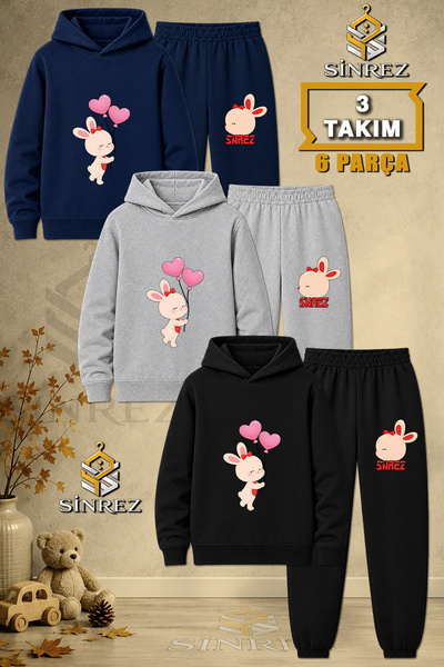 SİNREZ Children's Unisex 3Lu Rabbit Heart Balloon Printed Hooded Tracksuit Set