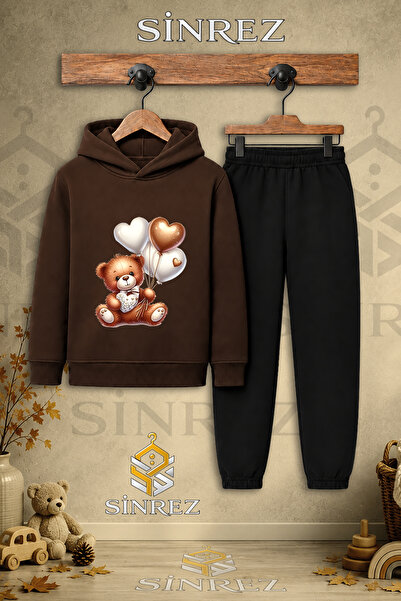 SİNREZ Children's Unisex Single Teddy Bear Heart Balloons Printed Hooded Trac...