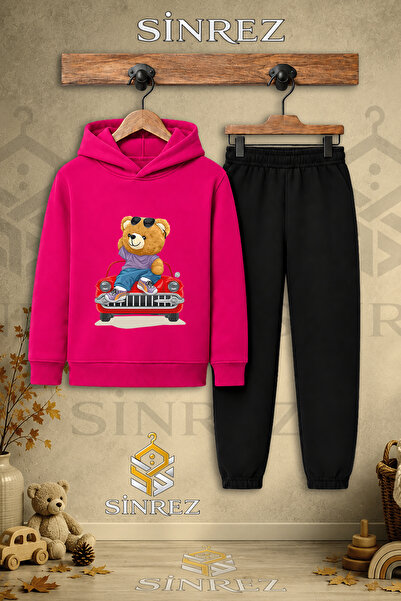 SİNREZ Children's Unisex Single Teddy Bear Printed Hooded Tracksuit Set on Re...