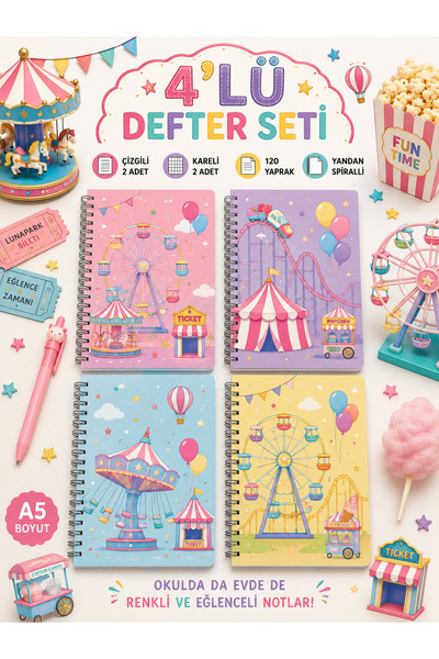 Panda A5 Spiralli Defter 4’lü Set – 80 Yaprak Çizgili Kareli – Renkli Desenli...