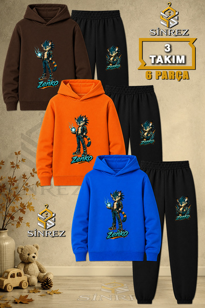 SİNREZ Children's Unisex 3Lu Zenko Elde Kure Printed Hooded Tracksuit Set