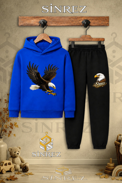 SİNREZ Children's Unisex Single Eagle Colorful Attack Print Hooded Tracksuit Set