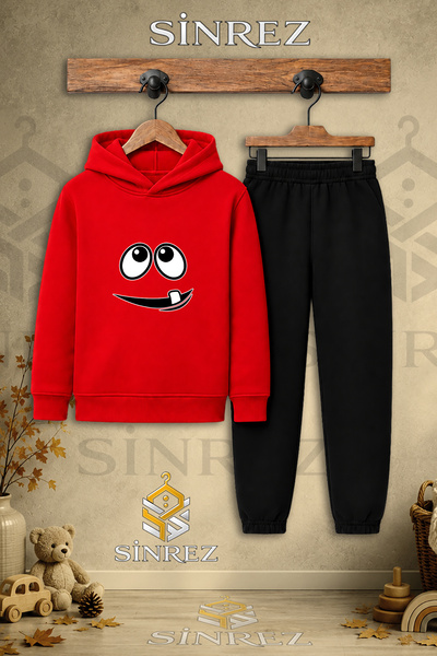 SİNREZ Children's Unisex Single Dis Goz Face Printed Hooded Tracksuit Set