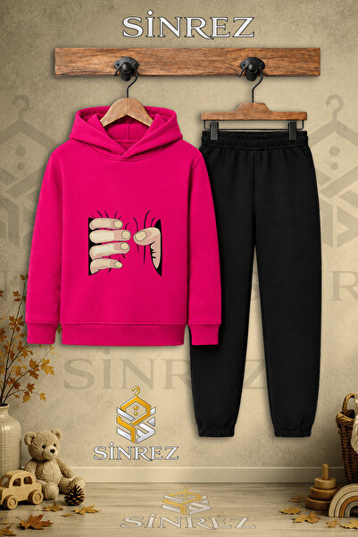 SİNREZ Children's Unisex Single-Handed Black Printed Hooded Tracksuit Set