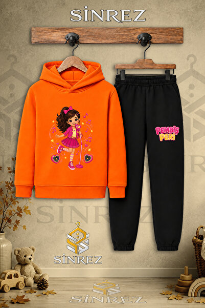 SİNREZ Children's Unisex Single Pink Fairy Singing Printed Hooded Tracksuit Set