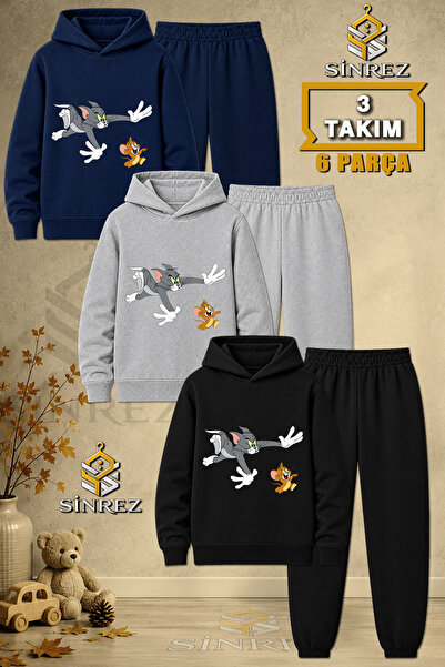 SİNREZ Children's Unisex 3Lu Cat Mouse Chase Printed Hooded Tracksuit Set