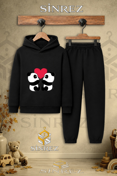 SİNREZ Children's Unisex Single Panda Double Red Heart Printed Hooded Tracksu...
