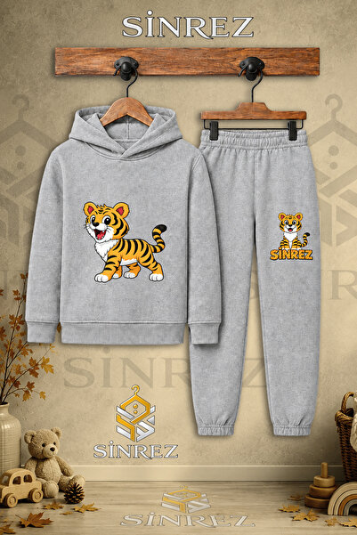 SİNREZ Children's Unisex Single Tiger Standing Printed Hooded Tracksuit Set