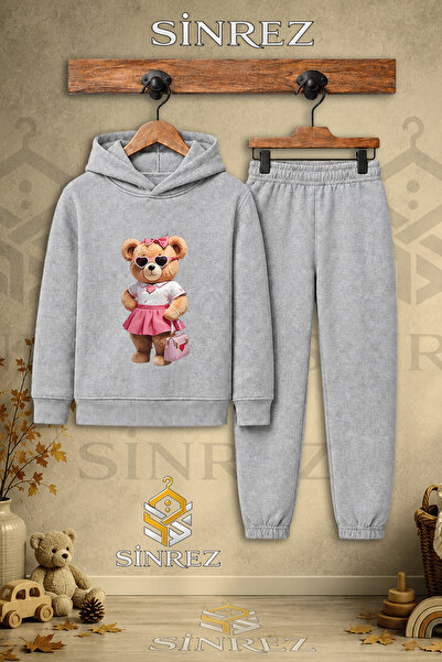 SİNREZ Children's Unisex Single Teddy Bear Pink Printed Hooded Tracksuit Set