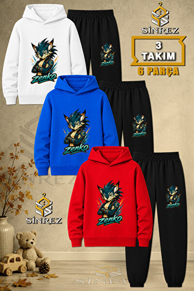 SİNREZ Children's Unisex 3Lu Zenko Sleeves Attached Printed Hooded Tracksuit Set