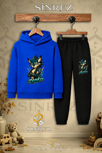 SİNREZ Children's Unisex Single Zenko Sleeves Tied Printed Hooded Tracksuit Set