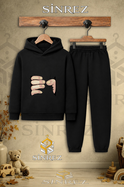 SİNREZ Children's Unisex Single-Handed Black Printed Hooded Tracksuit Set