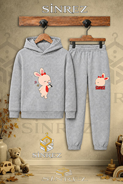 SİNREZ Children's Unisex Single Rabbit Printed Hooded Tracksuit Set with Micr...