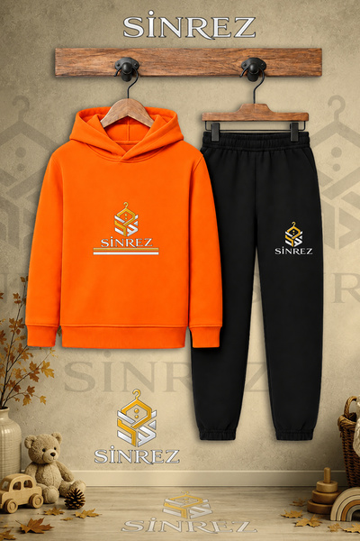 SİNREZ Children's Unisex Single Logo Two-Line Printed Hooded Tracksuit Set
