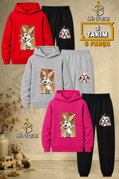 SİNREZ Children's Unisex 3Lu Tavsan Canvas White Pink Printed Hooded Tracksui...
