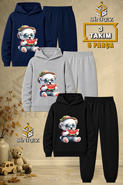 SİNREZ Children's Unisex 3Lu Teddy Bear Eating White Watermelon Printed Hoode...