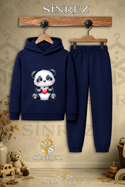 SİNREZ Children's Unisex Single Panda Pink Heart Printed Hooded Tracksuit Set