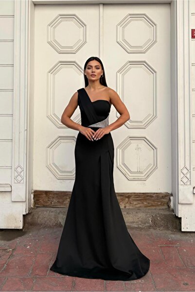 Euro Class One-Shoulder Evening Dress with Stone Detail