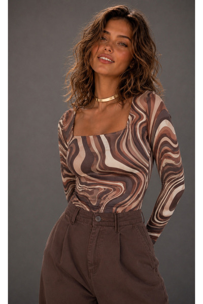 Be Best Women's Coffee-White Patterned Square Collar Blouse Be510